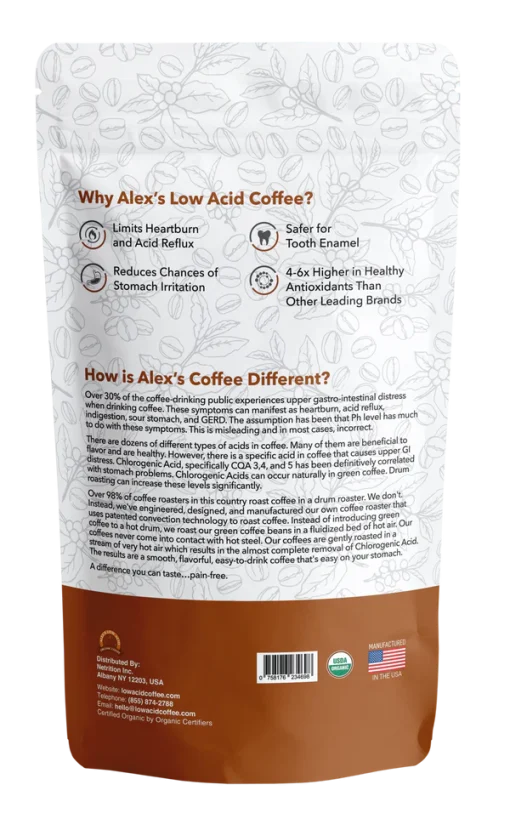 Alex's Low Acid Organic Coffee French Roast Fresh Ground-12 oz. - Image 3
