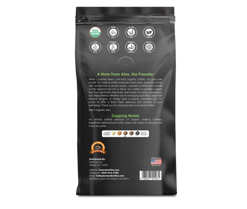 Alex's Low Acid Organic Coffee Rise and Shine Fresh Ground-12 oz. - Image 2